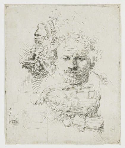 Sheet of studies with the head of the artist, a beggar man, woman and child by Rembrandt van Rijn