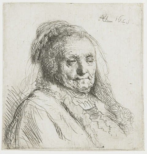 Rembrandts's moeder: buste, driekwart naar rechts by Rembrandt van Rijn