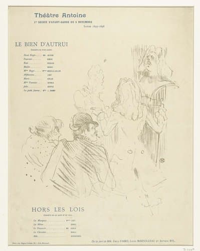 Programma voor toneelstukken Le bien d'autrui en Hors les lois met acteurs voor buste van Molière en rolverdeling by Henri de Toulouse-Lautrec