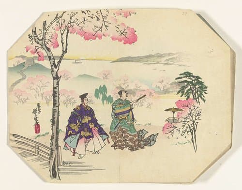 Twee hovelingen bij bloesemende bomen by Kawanabe Kyôsai