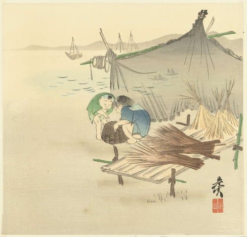Kinderen bij een visnet by Shibata Zeshin