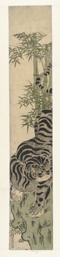 Tijger op rots bij bamboe by Isoda Kôryûsai