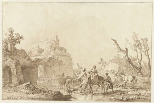 Reizigers bij een poort by Jean François Janinet
