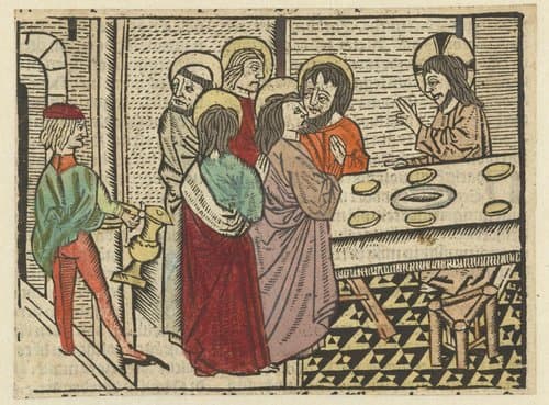 Christus en zijn discipelen in het huis van de Farizeeër weigeren de rituele handwassing by Meester van Gouda (II)