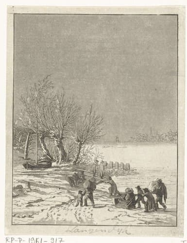 Bevroren rivier met sleeënde kinderen by Joannes Bemme