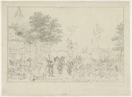 Inname en plundering van een stad door Franse troepen by Joannes Bemme