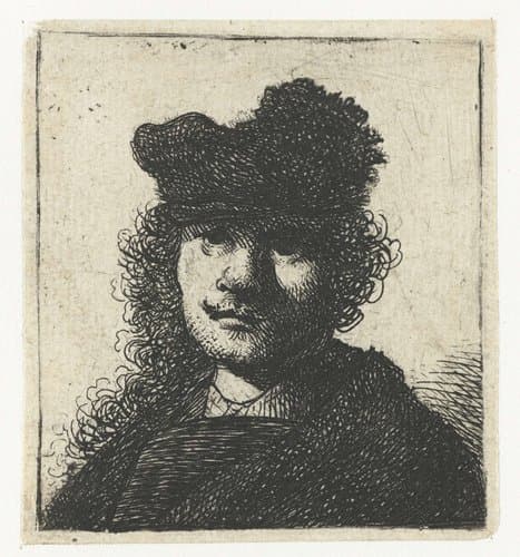 Self-portrait in a cap and dark cloak: bust by Rembrandt van Rijn