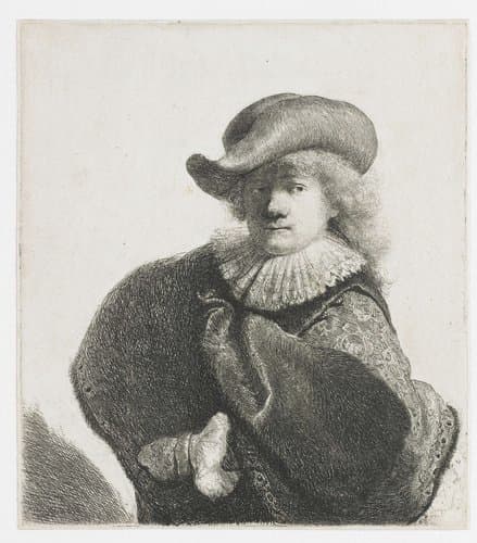 Self-portrait in a soft hat and a patterned cloak by Rembrandt van Rijn