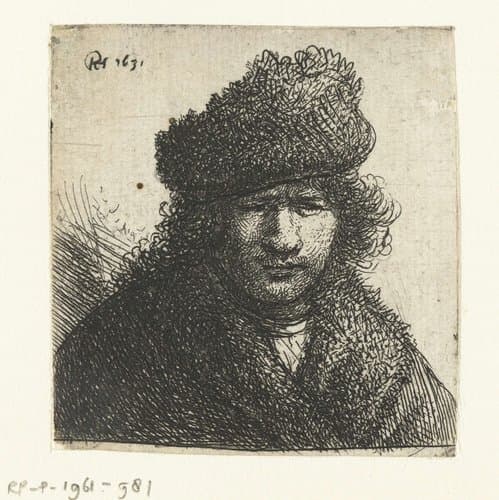Self-portrait in a slant fur cap: bust by Rembrandt van Rijn