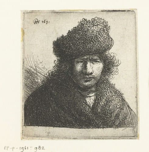 Self-portrait in a slant fur cap: bust by Rembrandt van Rijn