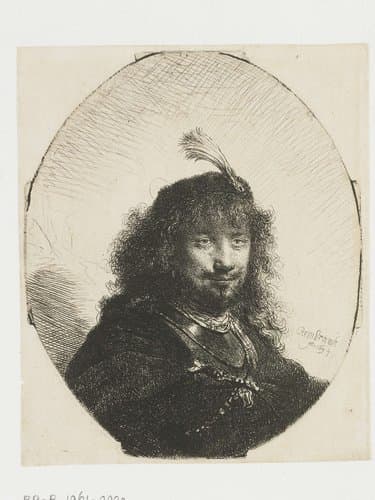 Self-portrait (?) with plumed cap by Rembrandt van Rijn