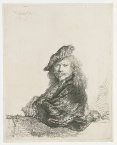 Zelfportret met de onderarm leunend op een stenen dorpel by Rembrandt van Rijn