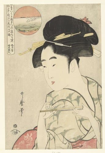 Busteportret van jonge vrouw met waaier by Kitagawa Utamaro