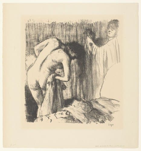 Vrouw droogt zich af na haar bad en krijgt kleding aangereikt van vrouw by Edgar Degas