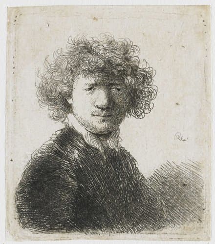 Self-portrait with curly hair and white collar: bust by Rembrandt van Rijn