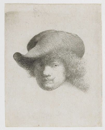 Self-portrait in a soft hat and a patterned cloak by Rembrandt van Rijn