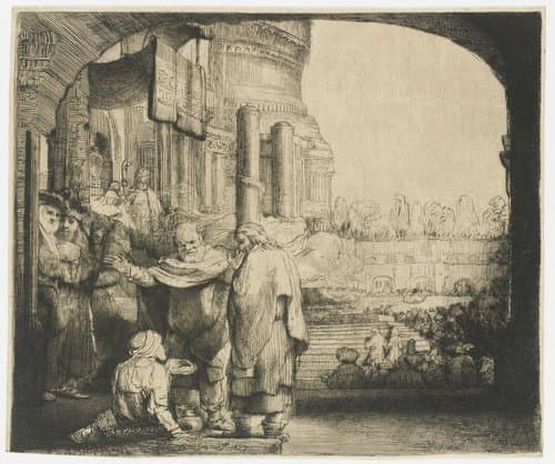 Petrus en Johannes genezen een verlamde man bij de tempelpoort by Rembrandt van Rijn