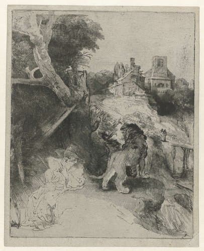 St Jerome reading in an Italian landscape by Rembrandt van Rijn