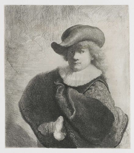Zelfportret met hoed met slappe rand en geborduurde mantel by Rembrandt van Rijn