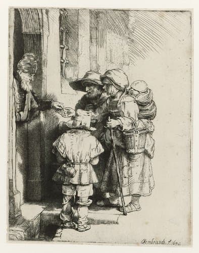 Bedelende familie ontvangt een aalmoes aan de deur van een huis by Rembrandt van Rijn