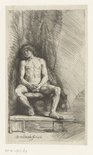 Nude man seated before a curtain by Rembrandt van Rijn