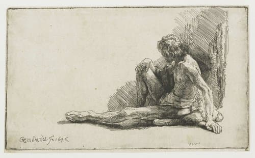 Nude man seated on the ground with one leg extended by Rembrandt van Rijn