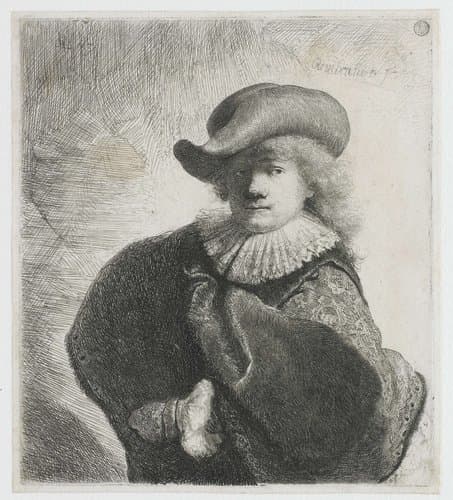 Self-portrait in a soft hat and a patterned cloak by Rembrandt van Rijn