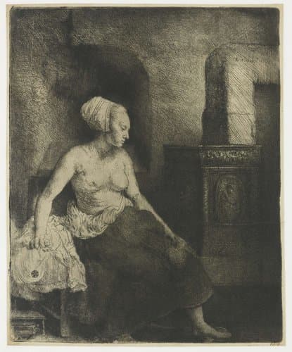 Vrouw met naakt bovenlichaam bij een kachel by Rembrandt van Rijn