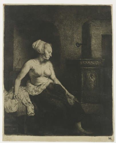 Woman sitting half dressed beside a stove by Rembrandt van Rijn