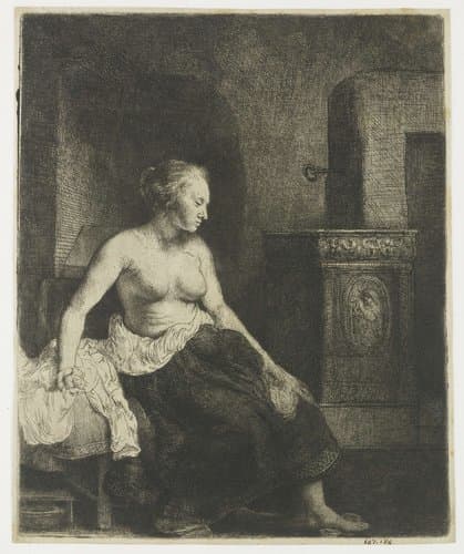 Woman sitting half dressed beside a stove by Rembrandt van Rijn