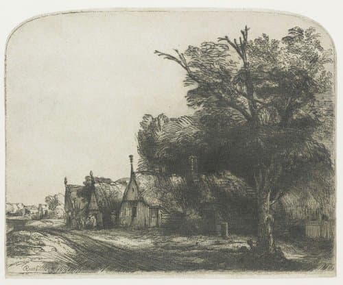 Landscape with three gabled cottages beside a road by Rembrandt van Rijn