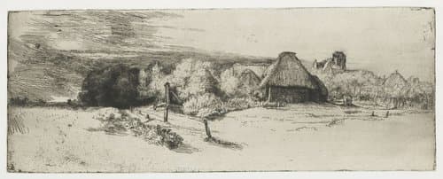 Gezicht op enkele huizen met bomen en een toren by Rembrandt van Rijn