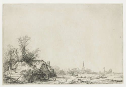 Cottage beside a canal with a view of Ouderkerk by Rembrandt van Rijn