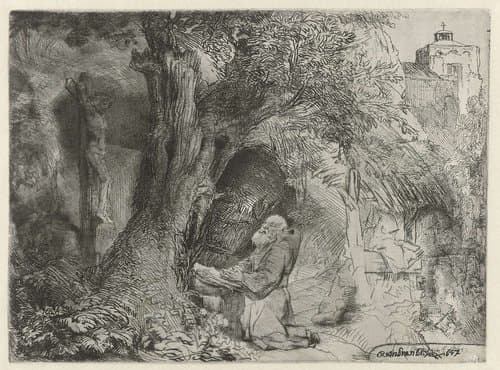 Franciscus, knielend in gebed onder een boom by Rembrandt van Rijn