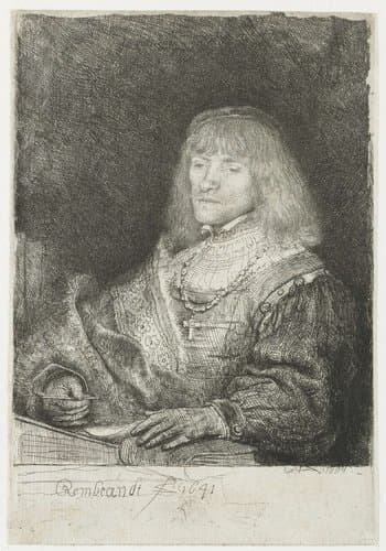 Man at a desk wearing a cross and chain by Rembrandt van Rijn