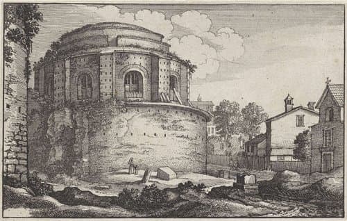 Gezicht op een rond Romeins gebouw by Wenceslaus Hollar