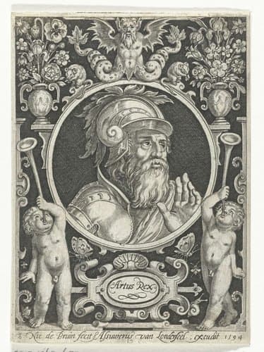 Portret van koning Arthur in medaillon binnen rechthoekige omlijsting met ornamenten by Nicolaes de Bruyn