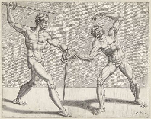 Twee zwaardvechters by Cornelis Bos