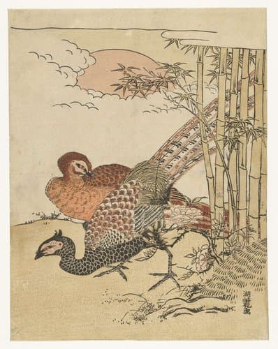 Fazantenkoppel bij bamboe en opkomende zon by Isoda Kôryûsai