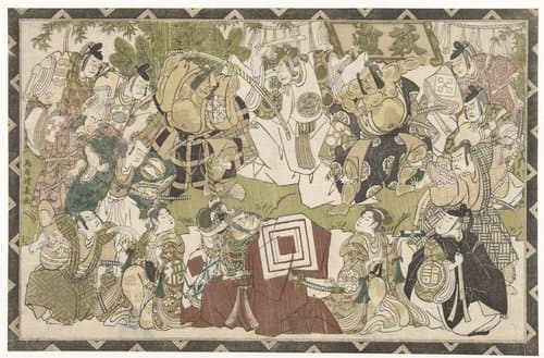 Acteurs in een shibaraku voorstelling by Torii Kiyonaga