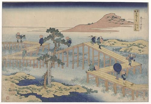 De zigzag brug in de provincie Mikawa by Katsushika Hokusai