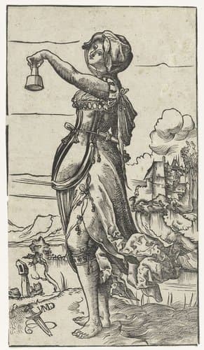 Dwaze maagd met uitgedoofde olielamp in landschap by Niklaus Manuel Deutsch