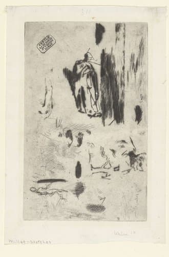 Schetsblad met enkele figuurstudies en landschap by Jean François Millet