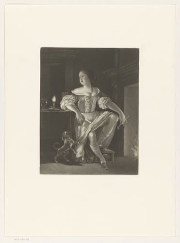 Vrouw met pijp in haar hand bij een haardvuur by Isaac Beckett