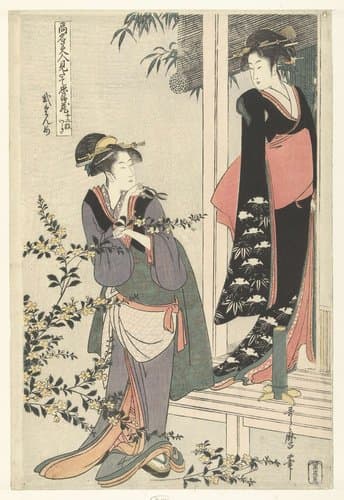 Twee vrouwen bij een bloeiende yamabuki struik: de tweede akte. by Kitagawa Utamaro