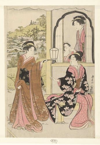 Vier hofdames luisterend naar het fluitspel van Yoshitsune by Torii Kiyonaga