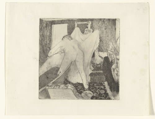 Vrouw stapt uit bad en krijgt handdoek aangereikt van vrouw by Edgar Degas