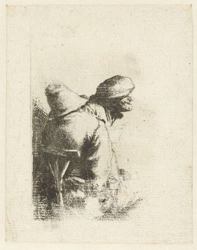 Man zittend op rug gezien, vrouwen- of mannenhoofd met muts by Cornelis Pietersz. Bega