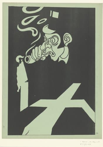 Bazouge steekt pijp aan bij kaars naast doodskist by Henri Gustave Jossot