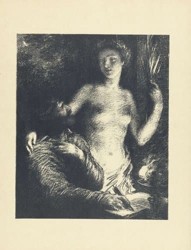 Man zittend met pen in hand en opengeslagen boek en naast hem staande naakte vrouw als muze of Inspiratie by Henri Fantin-Latour